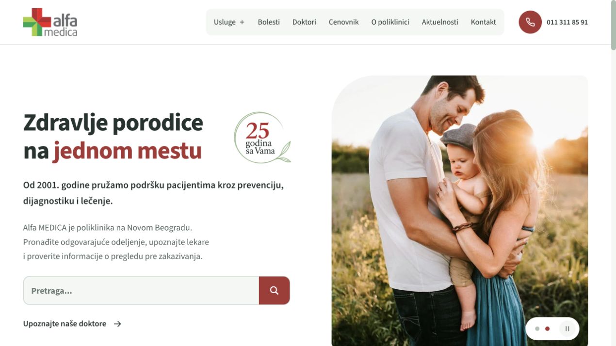 Autentičan javni prikaz Alfa MEDICA sajta, sa pregledom usluga, lekara i telefonskim kontaktom.