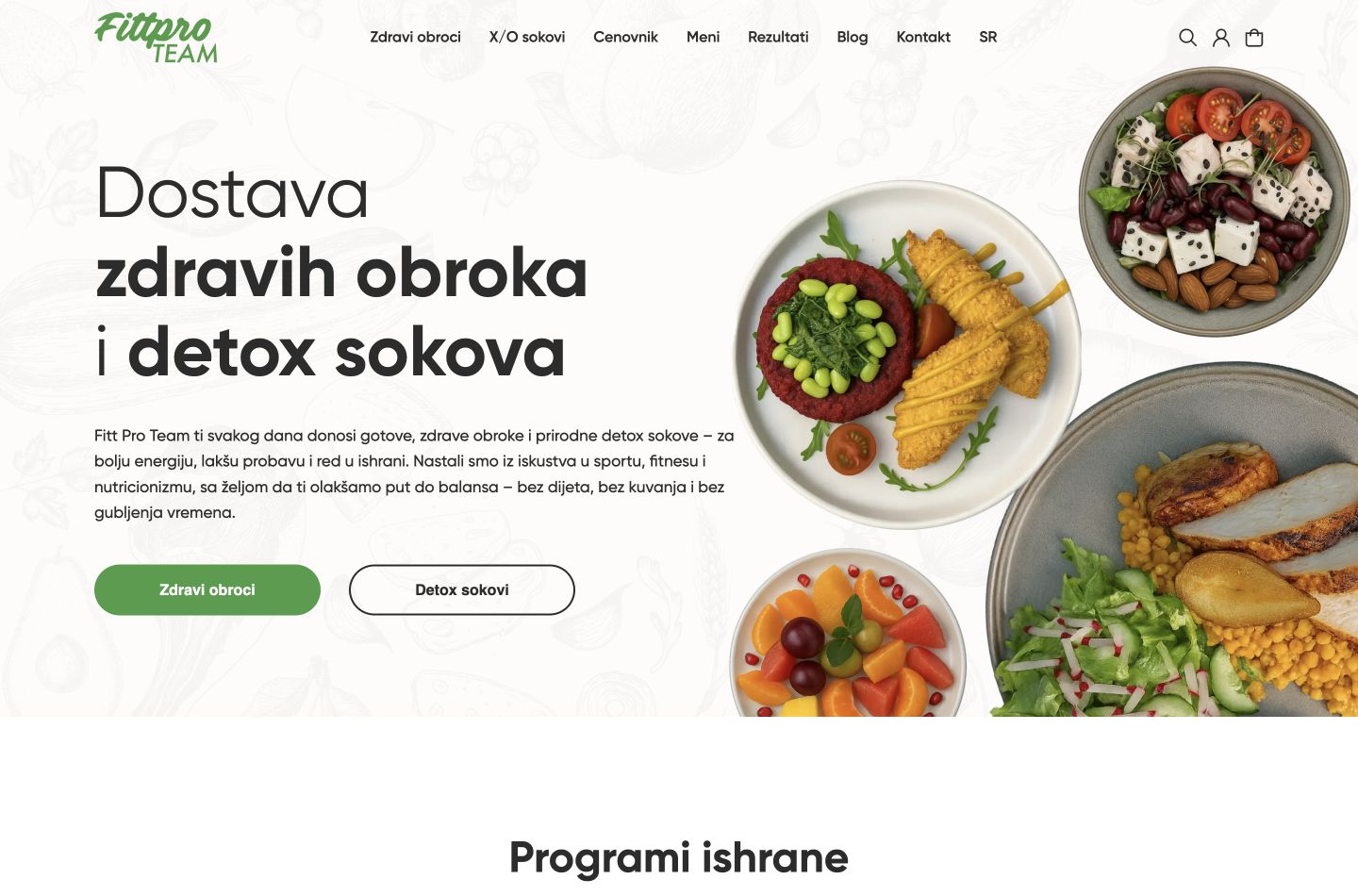 Autentičan javni prikaz Fitt Pro Team sajta sa ponudom dostave obroka i sokova.