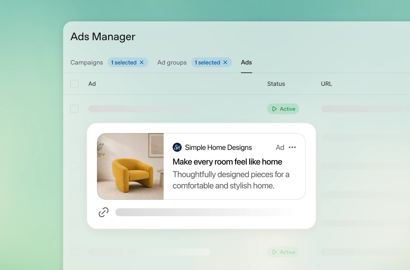 Zvanični Ads Manager prikaz oglasa Simple Home Designs sa fotografijom fotelje, oznakom Ad i odredišnim linkom.