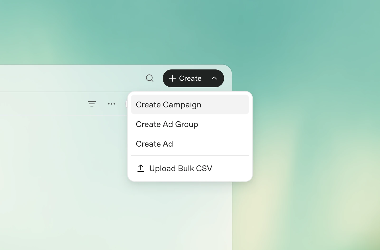 Zvanični OpenAI Ads Manager meni sa opcijama Create Campaign, Create Ad Group i Create Ad.