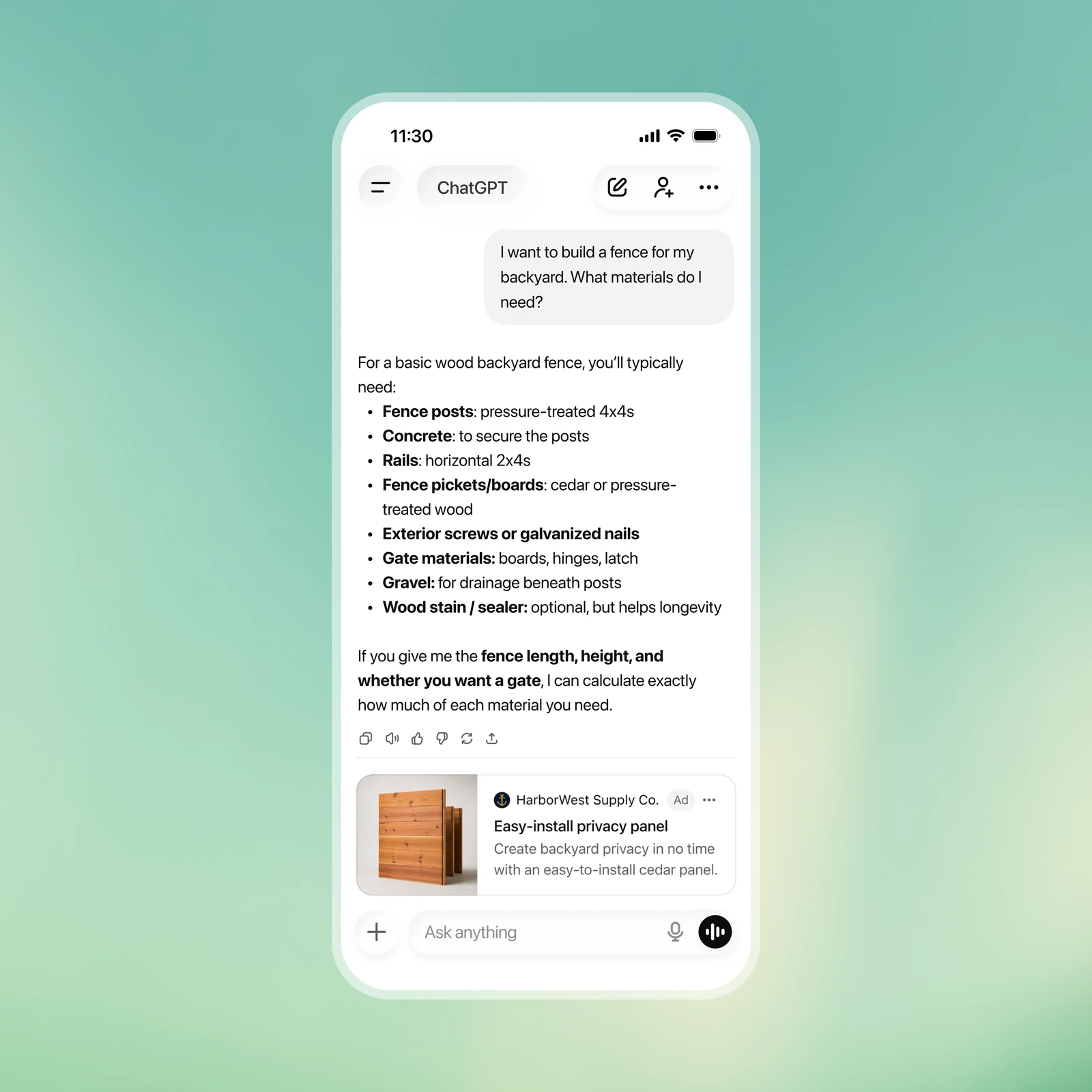 Zvanični OpenAI prikaz: označeni oglas HarborWest ispod odgovora u ChatGPT mobilnoj aplikaciji.