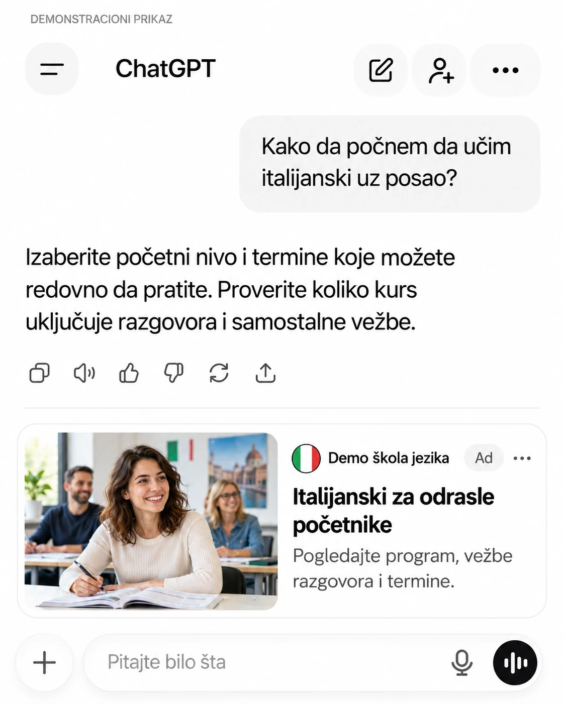 Demonstracioni ChatGPT prikaz oglasa za italijanski za odrasle početnike, ispod razgovora o učenju uz posao.