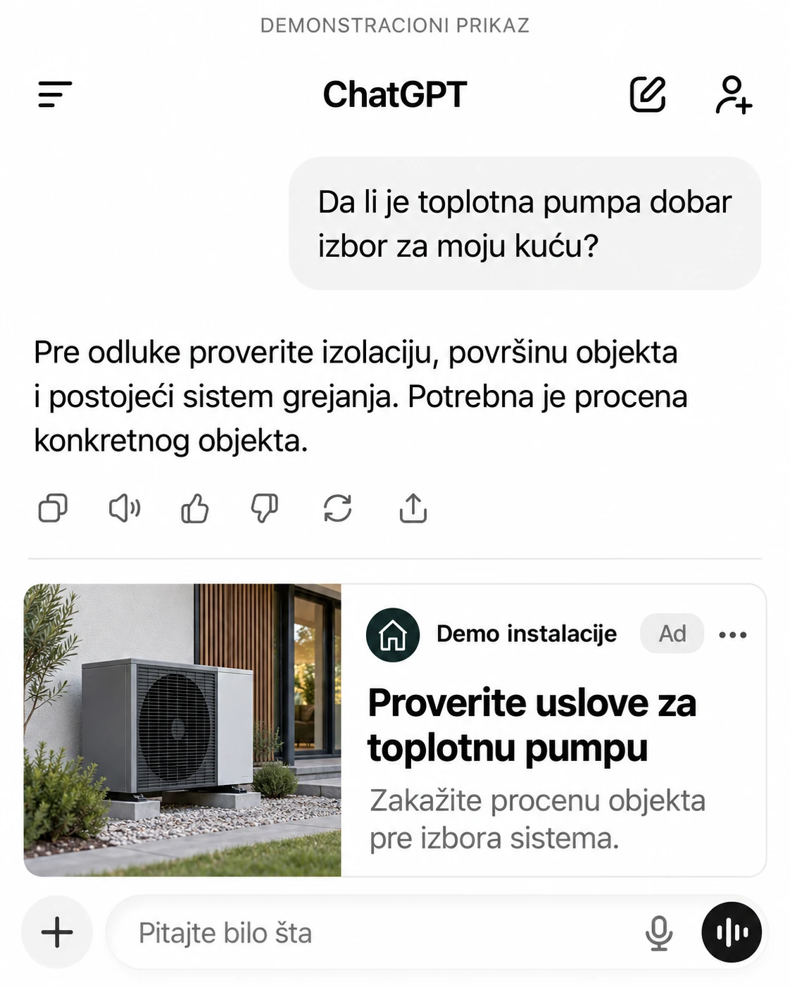 Demonstracioni razgovor o grejanju kuće i oglas sa fotografskim prikazom toplotne pumpe i pozivom na procenu.