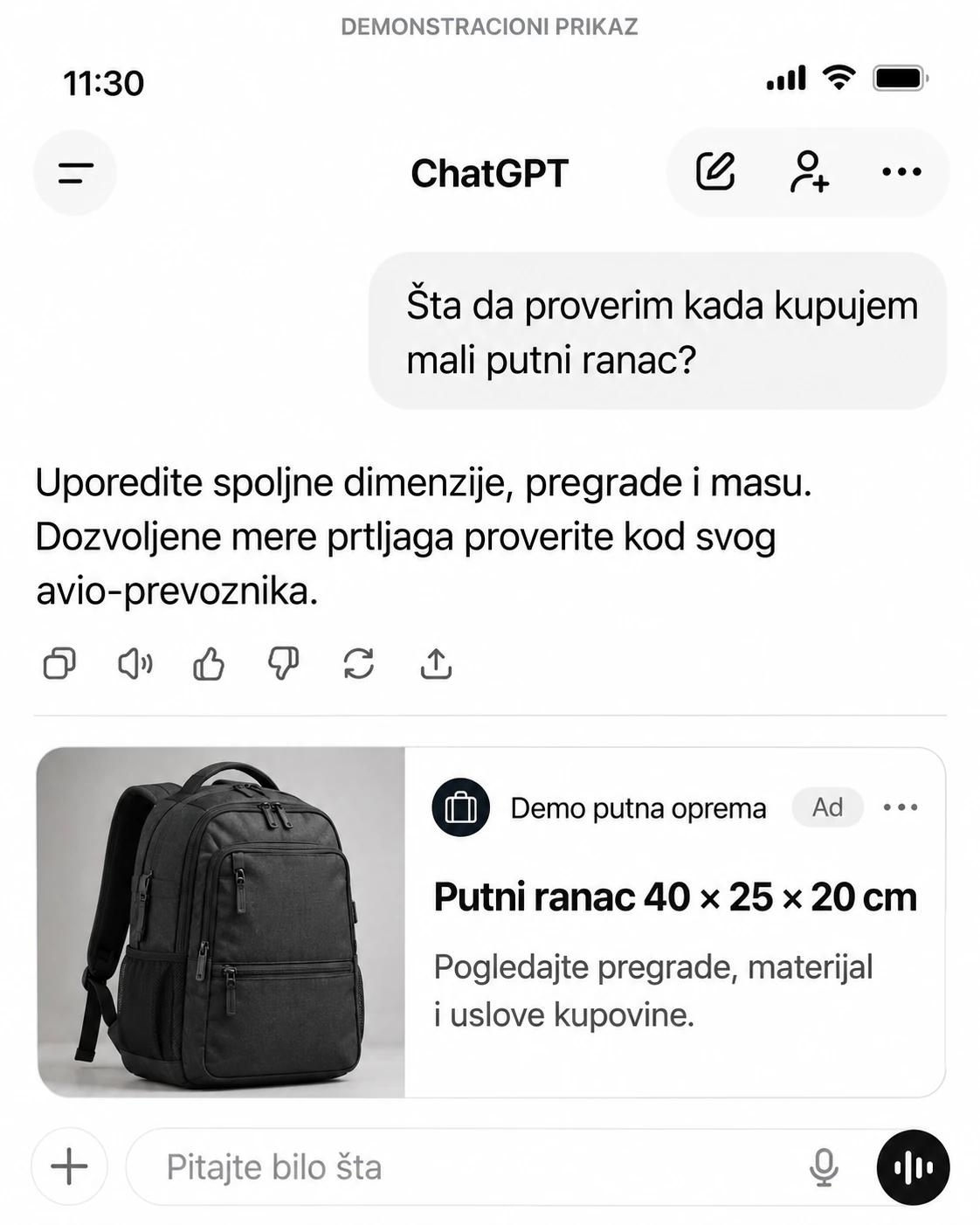 Demonstracioni oglas za putni ranac sa slikom proizvoda, merama i jasnom oznakom plaćenog oglasa u razgovoru.