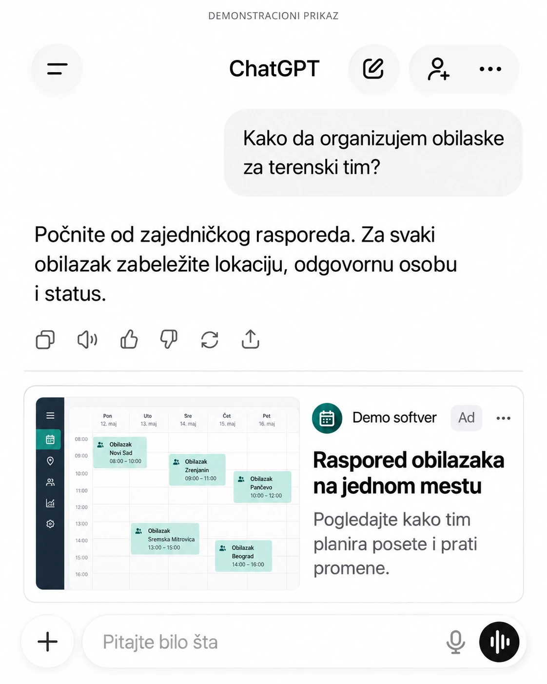 Demonstracioni ChatGPT razgovor o terenskom timu sa izdvojenim oglasom za softver i prikazom rasporeda.